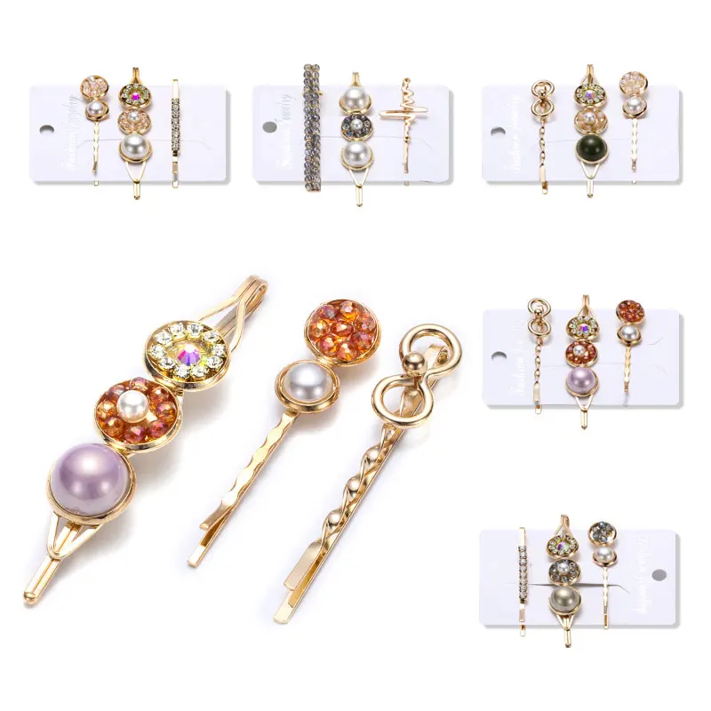 

3pcs Rhinestone Pearl Hair Clips Bride Bobby Pin Color Barrette Metal Hairpin Hairgrip Korean Hair Accessories for Women Girls
