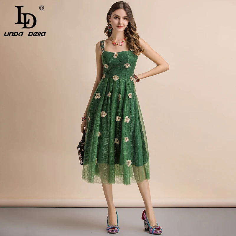 

LD LINDA DELLA New Fashion Runway Summer Dress Women's Spaghetti Strap Overlay Mesh Floral Embroidery Elegant Party Midi Dress