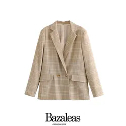 Bazaleas осень универсальные Базовая куртка Винтаж тартан пальто Дамская Мода Button blazer Женщины Тонкий Блейзер mujer Повседневное