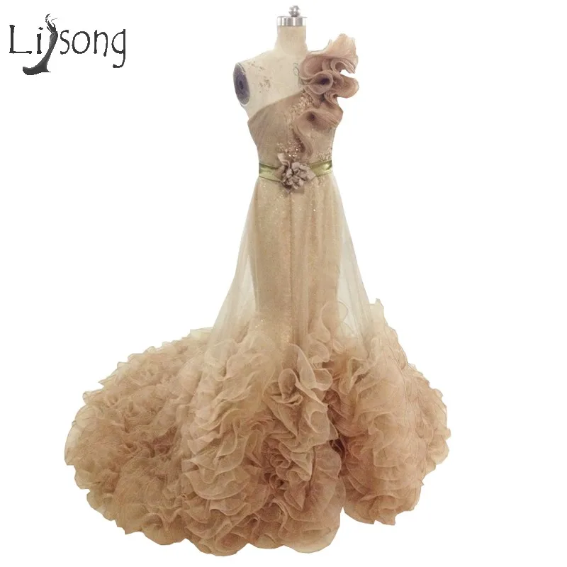 

Abendkleider Champagne Mermaid Evening Dresses Shiny 3D Flower Long Evening Gowns Ruffles Abiye Robe De Soiree Longue 2017