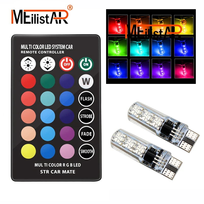

2PCS 5050 SMD RGB T10 194 168 W5W Car Dome Reading Light Automobiles Wedge Lamp RGB LED Bulb With Remote Controller Flash/Strobe