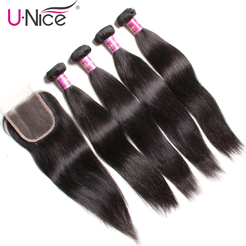 

Unice Hair Straight Brazilian Hair Weave Bundles with Closure Remy Human Hair 4 Bundles with Closure 5pcs Hair Weave and Closure
