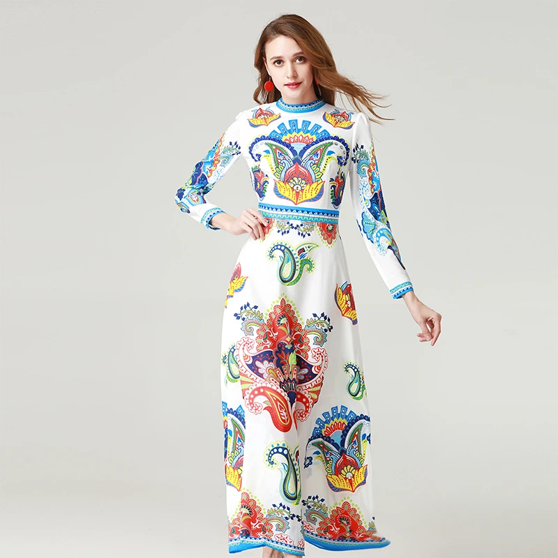 2019 Spring Pretty Print Maxi Bohemian Dress High Quality Sweet Hot Full Sleeve O_neck Female Cute Long Dress