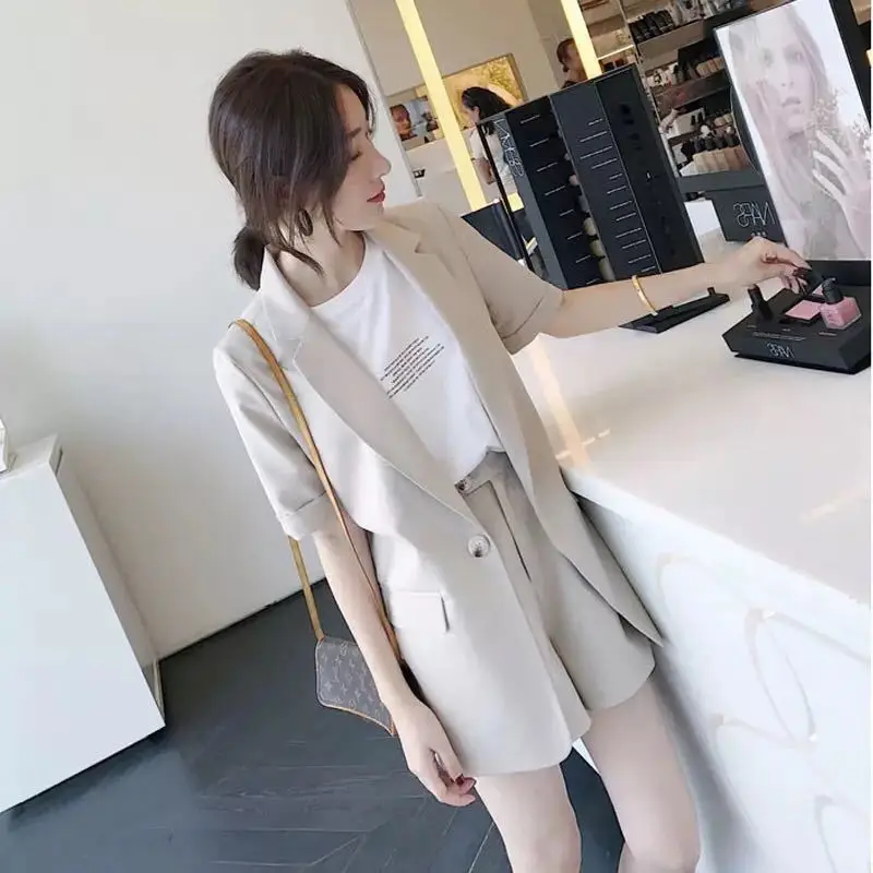 

2 Piece Set Women Pant And Top 2019 Summer Official Lady Solid Short Casual Two Piece Set Suits