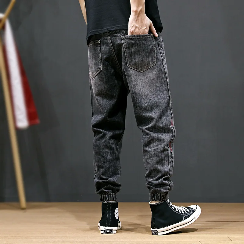 Японский стиль, модные мужские джинсы, серый цвет, свободный крой, большой размер 28-42, Slack Bottom Jogger, джинсы, мужская полосатая нашивка, шаровары