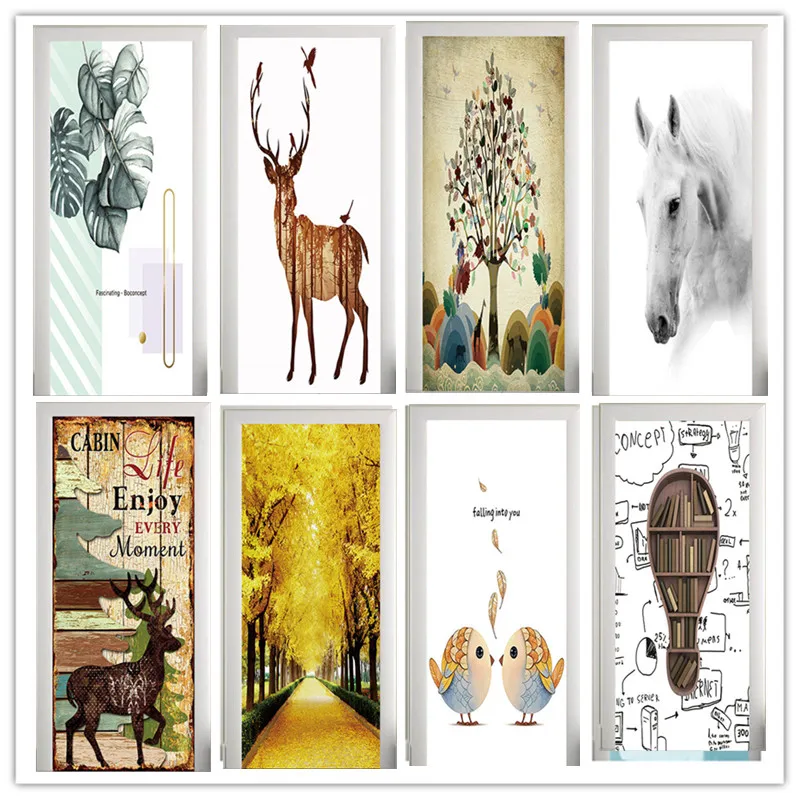 

90x200/77x200cm Colorful Elk Door Sticker Living Room Decor Beautiful Pattern Green Leaf Home Decor Decal PVC Adhesive Wallpaper