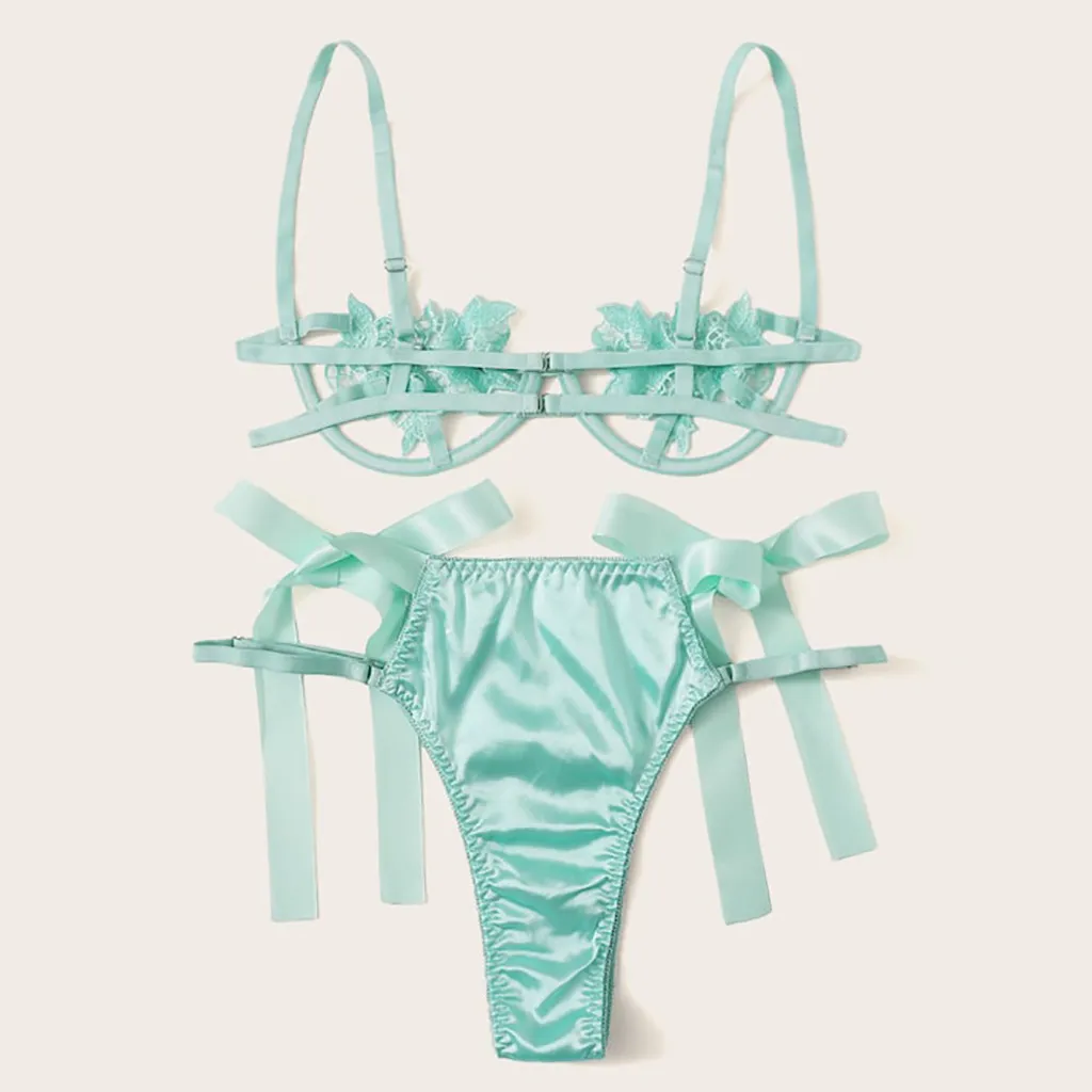 

Sexy Transparent Women Hollow Erotic underwear 2-piece set Flower print Lingerie Lace Lace-up Underwear kawaii lingerie #WL