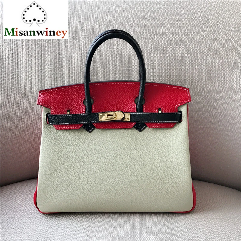 

Luxury Genuine Leather Platinum Lock Handbag Shoulder Bag The First Layer of Cow Leather Contrast Color Platinum Bag Women Totes