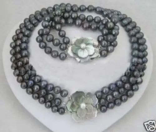 

NEW Noblest 3 row 7-8MM black pearl necklace bracelet set 17-19"7.5" A+088 (A0423)