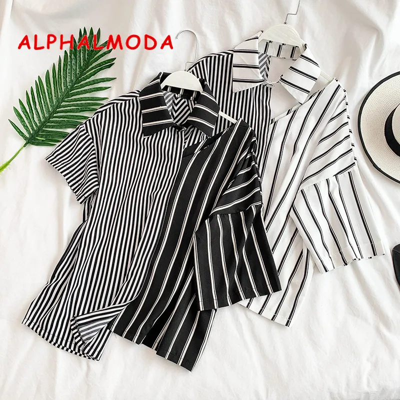 Женская рубашка в стиле пэчворк ALPHALMODA с коротким рукавом и отложным воротником
