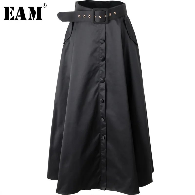 

[EAM] 2019 New Spring Summer High Waist Long Button Bandage Loose Belt Temperament Half-body Skirt Women Fashion Tide JY507