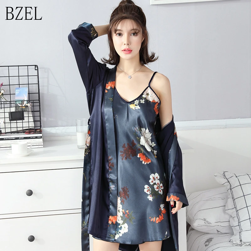 

BZEL New Spring Summer 2 Piece Pajamas Robe Set Women Sexy Floral Print Nightgown Pyjama Satin Feminino Thin Soft Homewear Suit