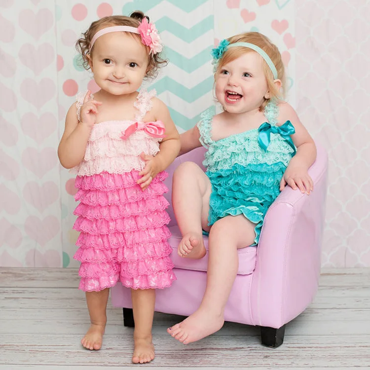 Resale Petti Baby Girl Lace Romper Color Block Summer Dusty Ivory Rose