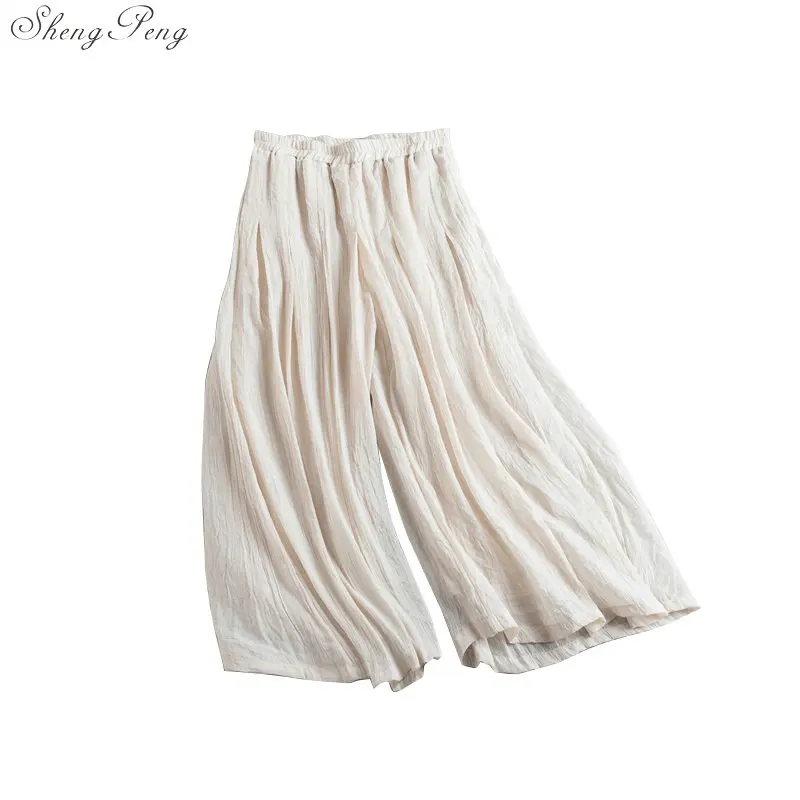 Льняные женские брюки, льняная одежда для женщин, эластичная резинка на талии, Удобные однотонные широкие белые льняные брюки V1369