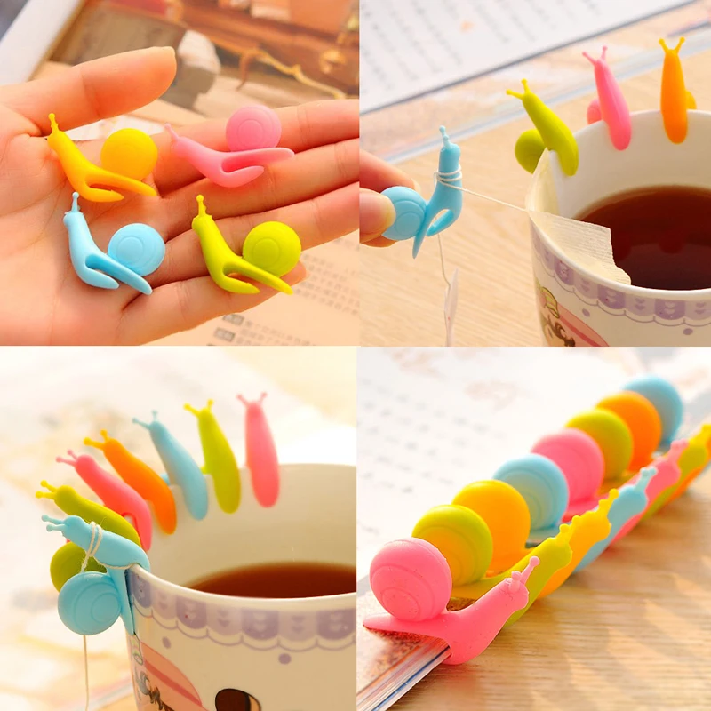 6Pcs Cute Snail Shape Silicone Bag Tea Hanging Label Cup Glass Clip Holder Filter Tool Filters Colorful Mini Tea Tools