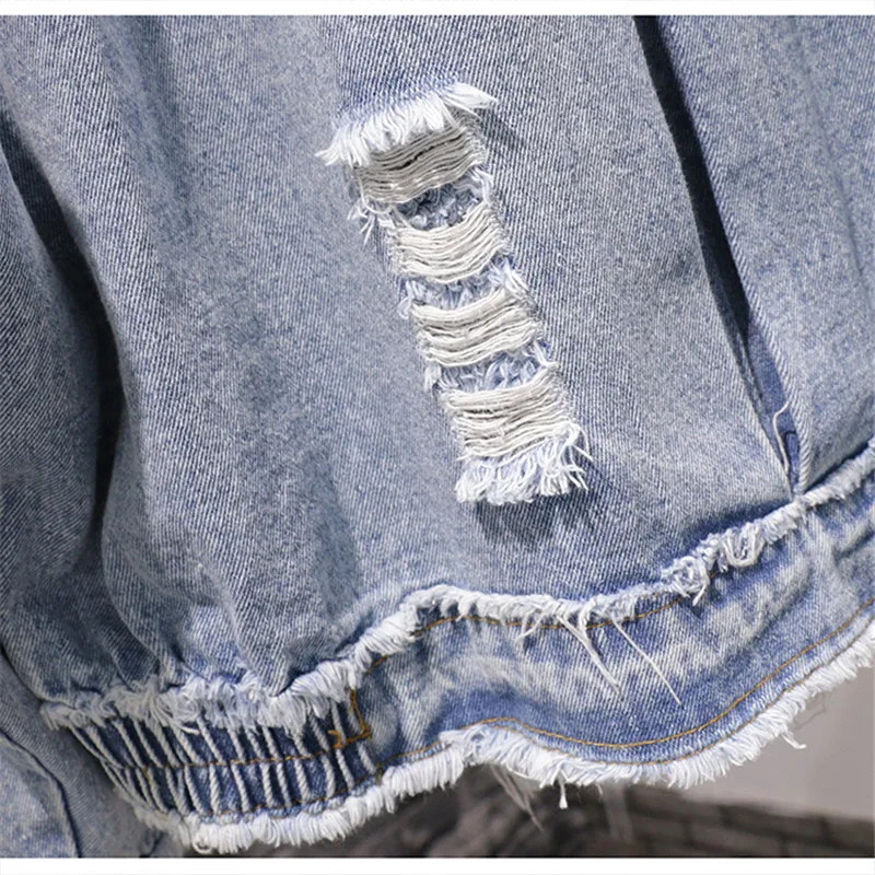 Женское джинсовое пальто большого размера в Корейском стиле уличная рваные с дырками джинсовые куртки Женская мода рукав летучая мышь винтажное базовое пальто