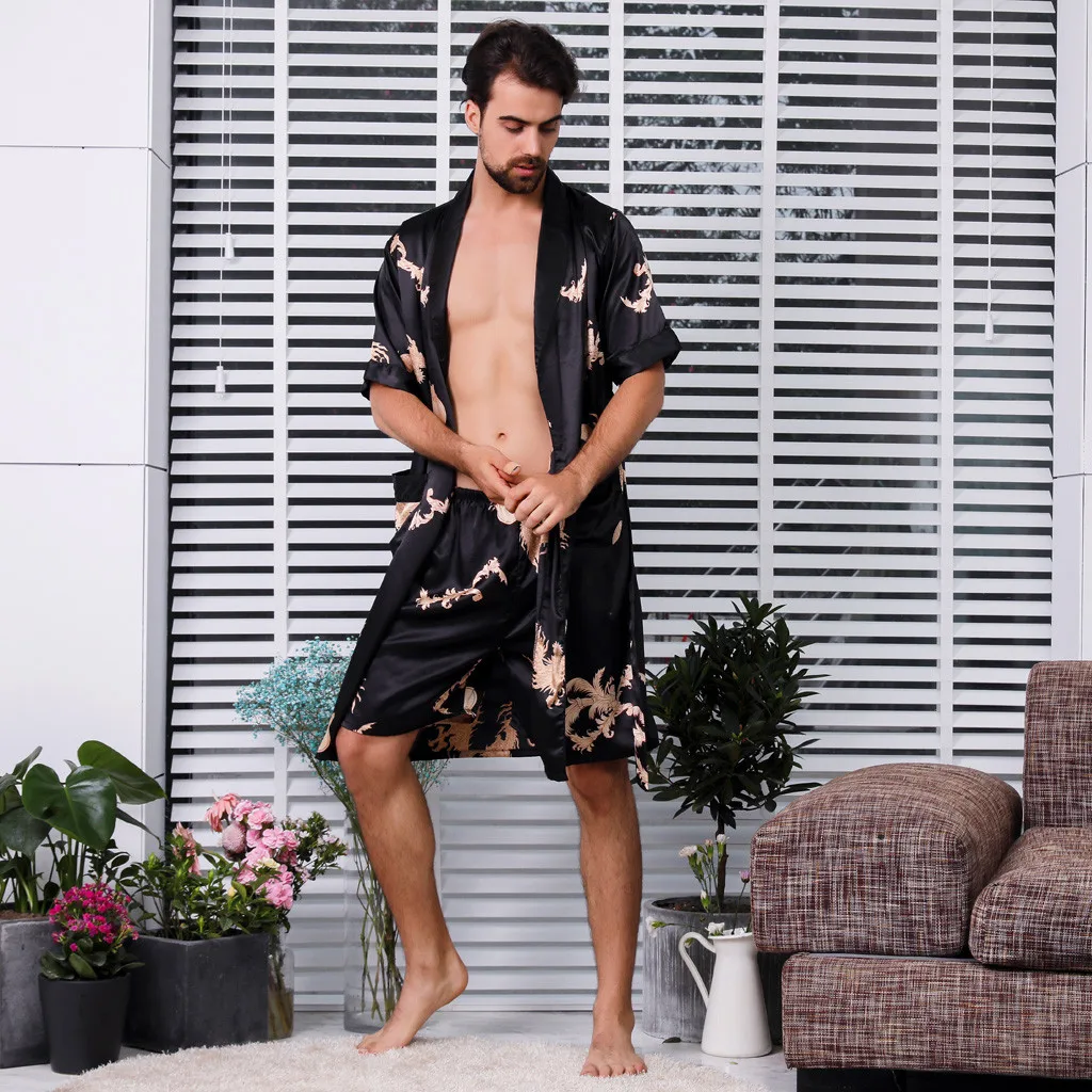 Мужской Халат летняя одежда имитация шелка с длинными рукавами домашняя тонкая мужская пижама кимоно Пижама hombre