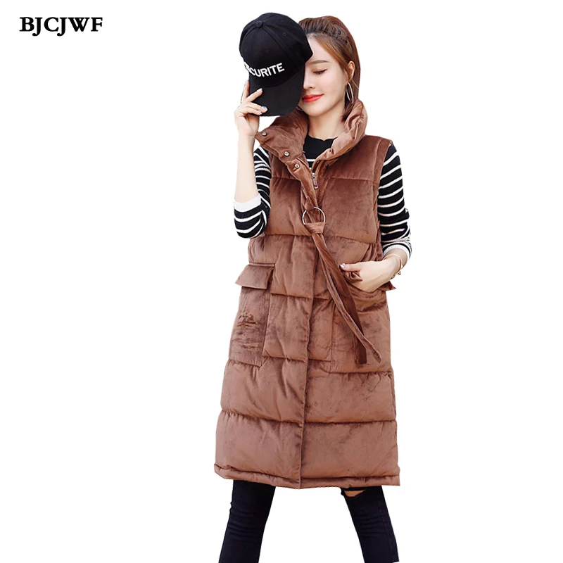 Winter Vest Women 2018 Long Coat Slim Cotton Padded Vest Pink Big Pockets Sleevless Velvet Stand collar Jacket Female Waistcoats