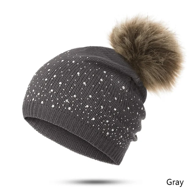 URDIAMOND Winter Hat Women Cute Hot Selling Casual Solid Drilling ball Cap Warm Faux Fur Pom Pom Ball Girl 's Hat