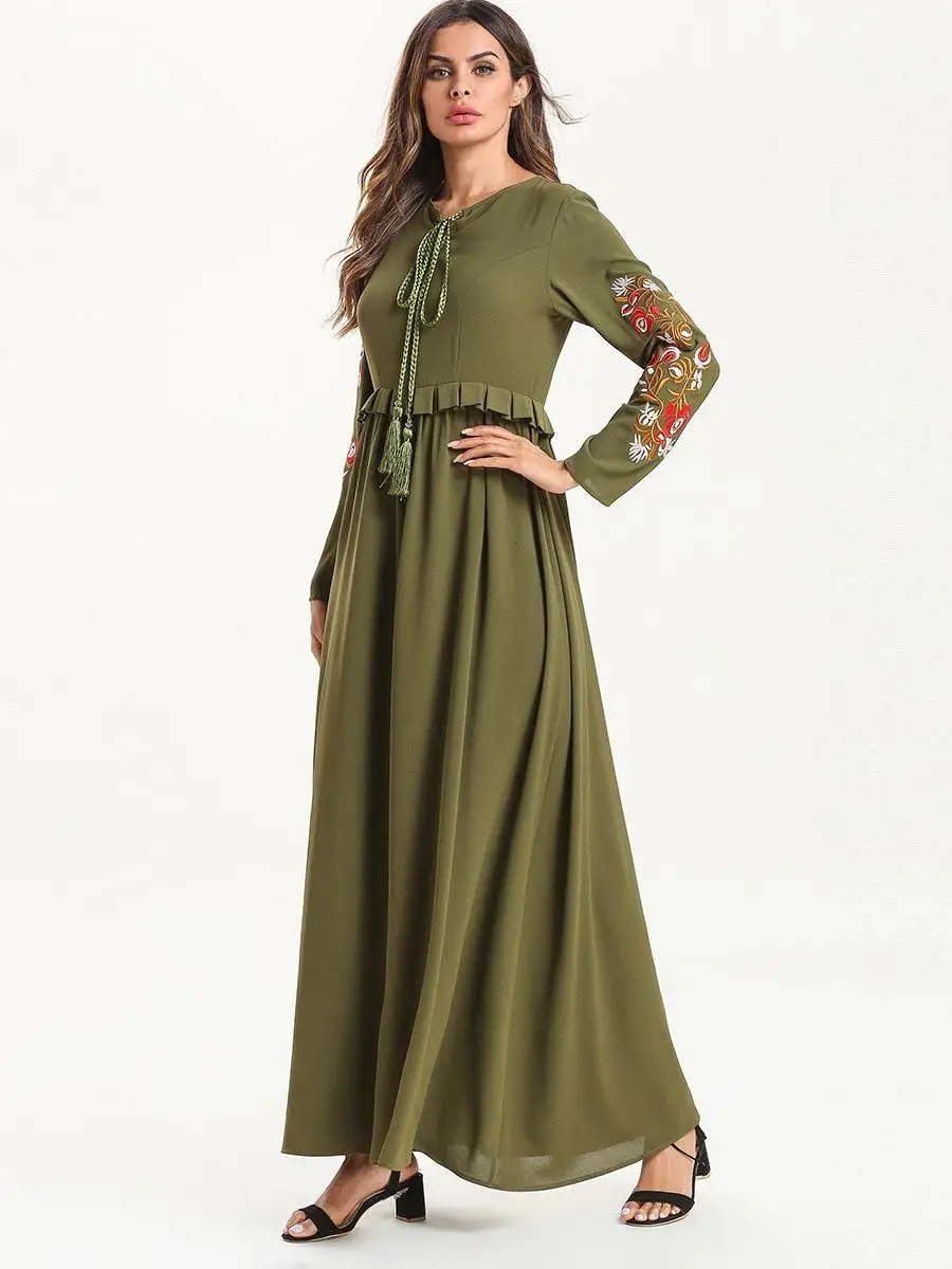 Армейское зеленое Свинг мусульманское длинное платье офисные женские повседневные платья Maxi 2019 новые элегантные Этнические Твердые