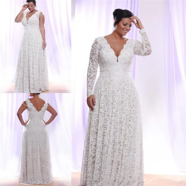 Cheap Plus Size Full Lace Wedding Dresses With Removable Long Sleeves V Neck Bridal Gowns Length A Line Wedding Gown