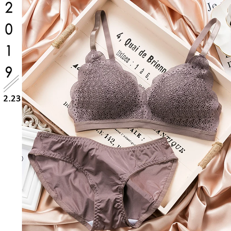  Lace Push Up Bra And Panties Set Sexy Lingerie For Small Breast Deep V Embroidery Thin Triangle Bra