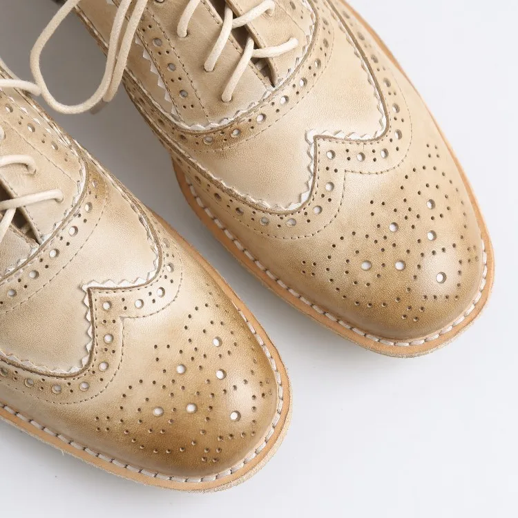 Vintage Old Made Lace Up Oxfords Wooden Effects Flat Heel Loafers Shoes Women Fretwork Black Khaki Leather Shoes Women