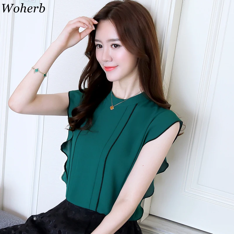 

Woherb Women Tops and Blouses Elegant Stand Neck Chiffon Sleeveless Ruffle Blouse Shirt Loose Woman Blusas Mujer De Moda 2019