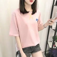 2019 Summer Women T-shirt Loose Embroidery Cartoon Print T-shirt Casual Style Round Neck Short-sleeved Ladies Summer T-shirt stylish round neck embroidery hole t shirt