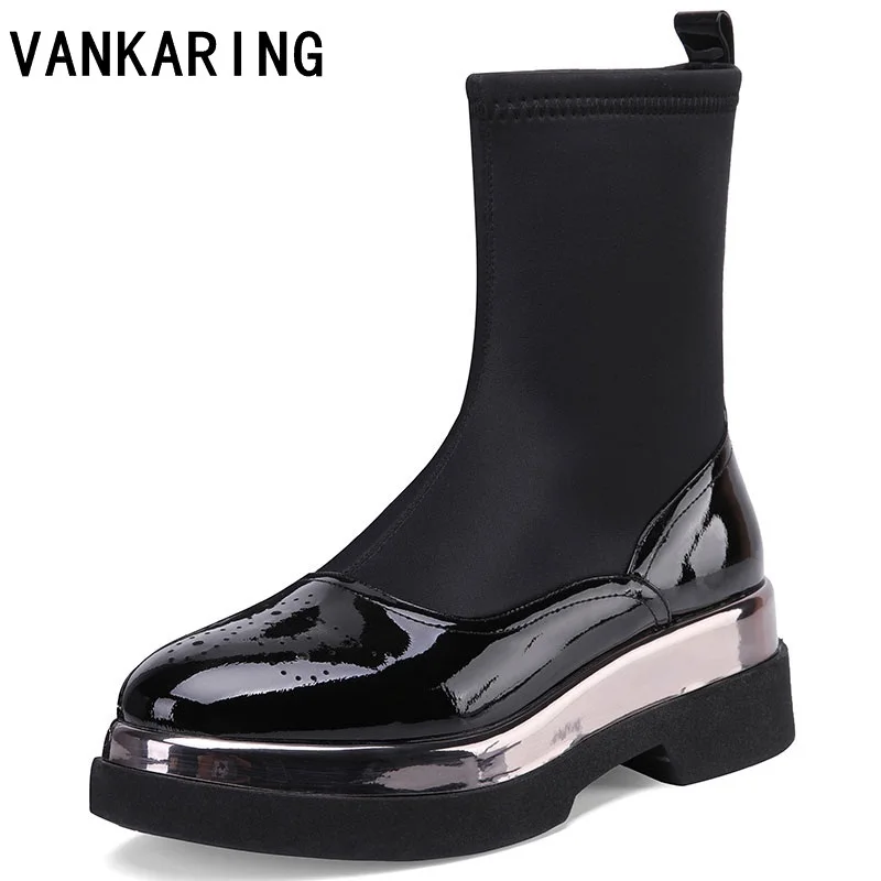 

VANKARING autumn winter shoes women boots genuine leather+stretch fabric ankle boots for women square high heels platform shoes