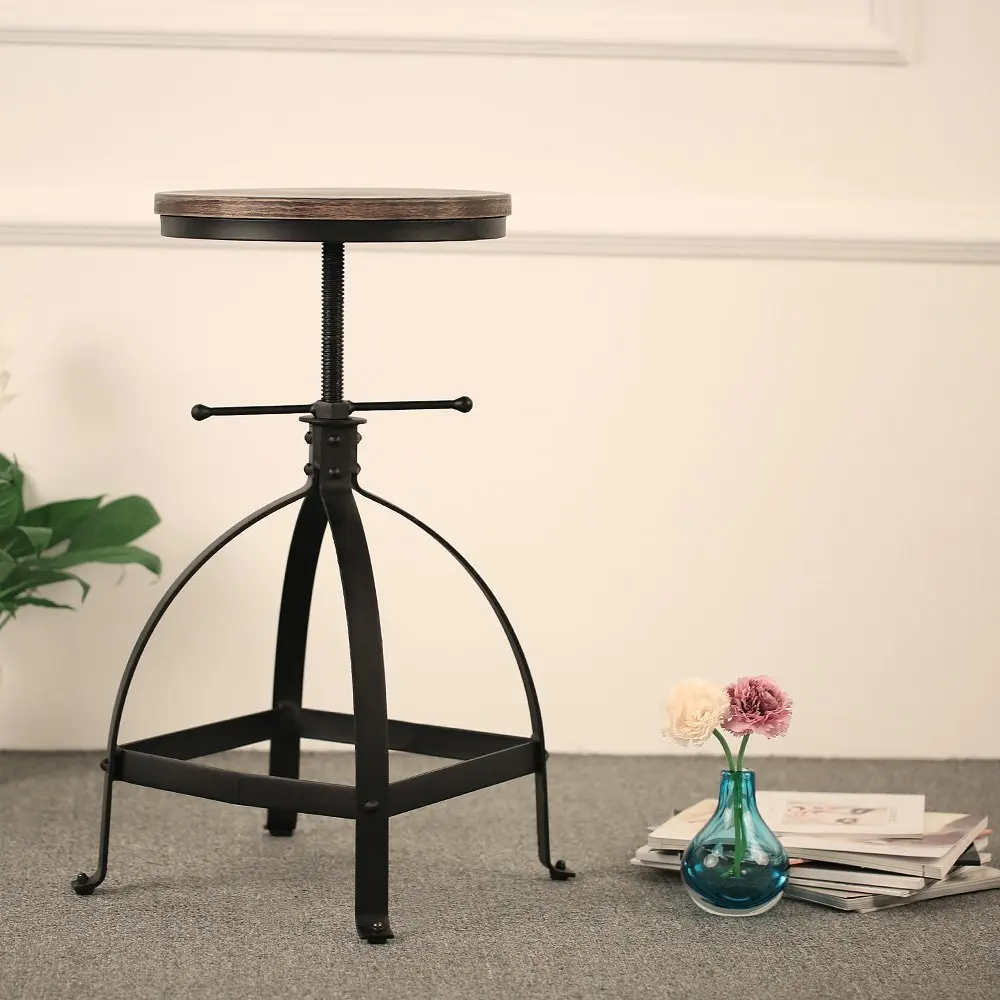 Vintage Chair Metal Frame Adjustable Height Swivel NaturalRound Pinewood Outdoor Top Bar Stool Chairs