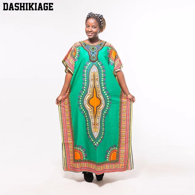 Dashikiage Autumn African Tribe Dashiki Fabric Appliques Green Loose 