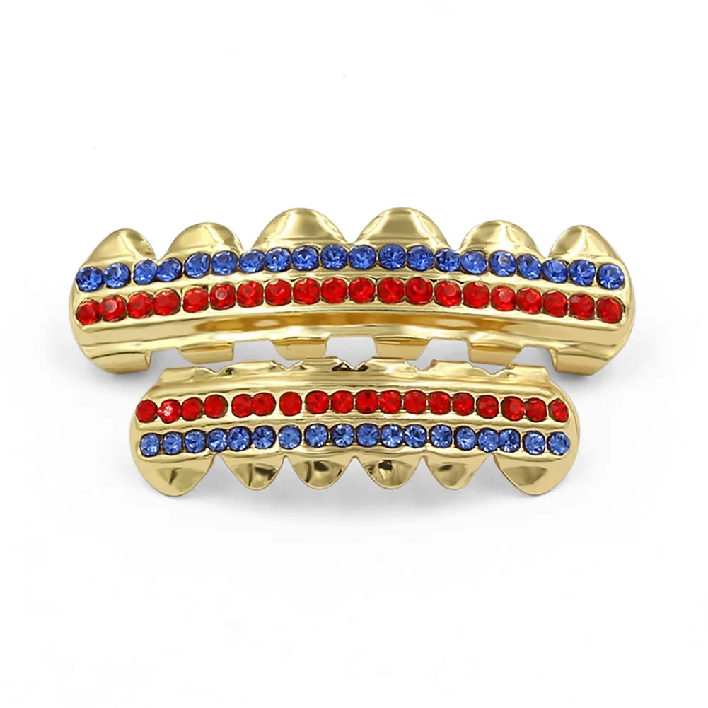 

Iced out Hip Hop red blue pink Top Bottom Teeth Grillz cross False Teeth Bump Lattice Dental Grills Set Body Jewelry men women