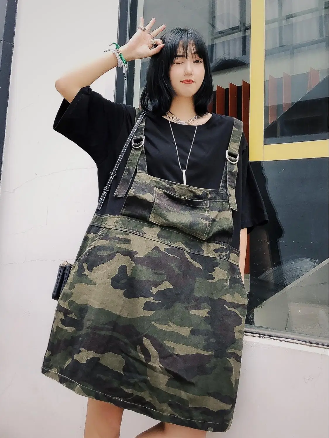 

Street Trendy Personality Camouflage Belt dress BF Loose Overize Make Two Fake Dresses for Old Washed Water