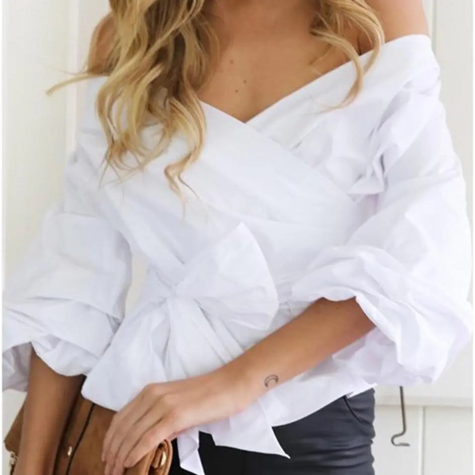 Pinky Is Black Ruched sleeve wrap white blouse shirt Women casual blouse off shoulder Plaid shirt top V neck female blusas bow 4