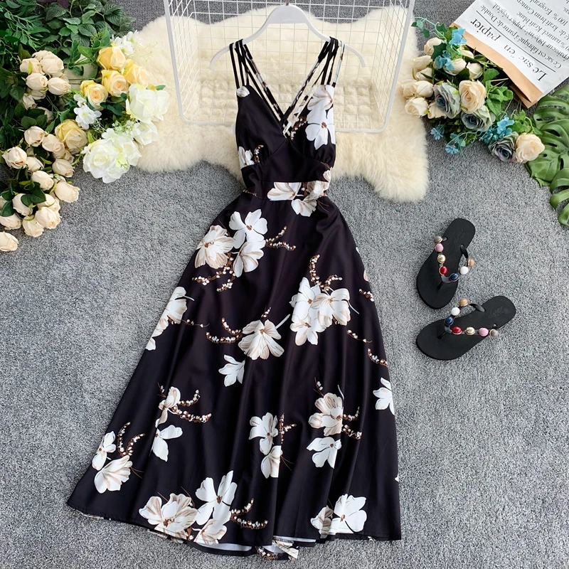 Женское шифоновое платье на бретелях Vestidos Verano длинное облегающее с v-образным
