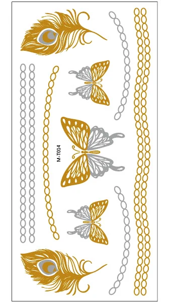1 лист цвет золото Временная вспышка металлическая Татуировка наклейка лицо чокер слон Красота Бабочка перо Любовь Женщины хна для Боди арта