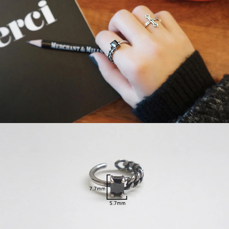 

ROCKART 100% 925 Sterling Silver Retro Square Black Stone Trendy Half Chain Open Ring For Women Gift Adjustable Fashion Jewelry