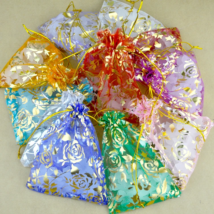 Rose Printed 9x7cm Bag Multi Color Organza Wedding Gift Candy Bags ...