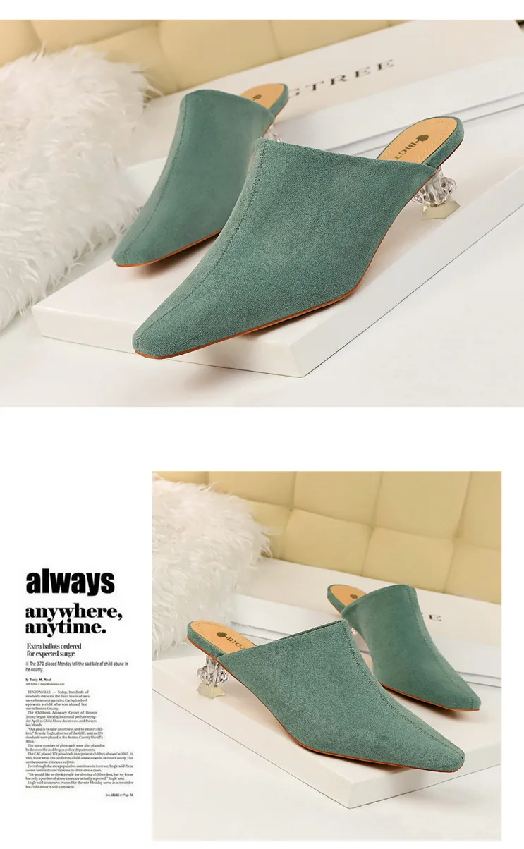 BIGTREE Fashion baotou slippers transparent crystal with high with suede side deep mouth square head versatile women's slippers