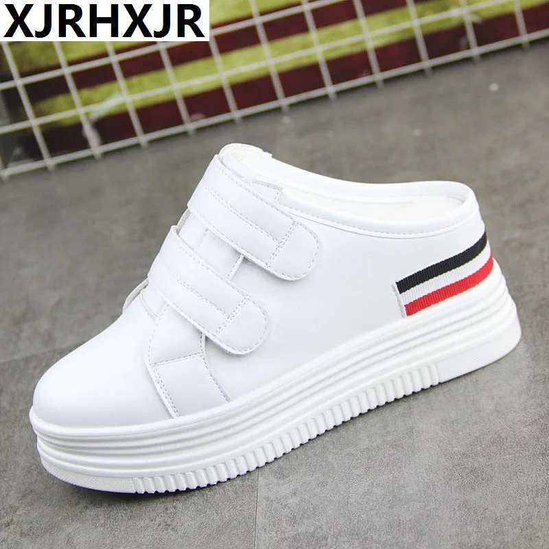 

XJRHXJR Size 35-40 Women's Shoes 8cm Leather Slippers Woman Height Icreasing Platform Shoes Sneakers Breathable Half Slippers