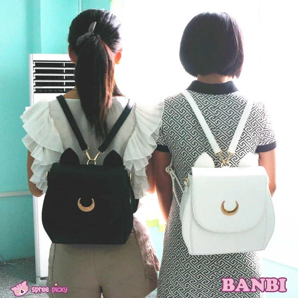2016 Cute Large Sailor Moon Samantha Vega Luna Backpack Black White Cat Luna Moon Women Bag Leather School Bag metal moon