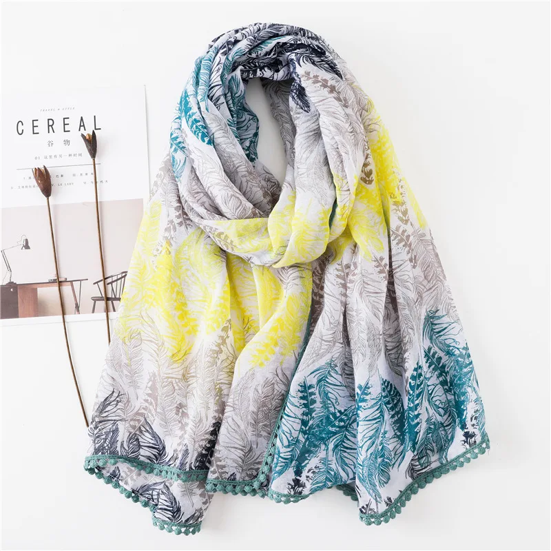 2021 Luxury Brand Leaves Floral Pom Pom Viscose Shawl Scarf Women Hijabs and Wraps Summer Beach Pashmina Foulard Stole 180*90Cm 2021 new design ocean anchor tassel viscose shawl scarf ladies fashion bandana luxury brand pashmina hijab echarpe foulard femme