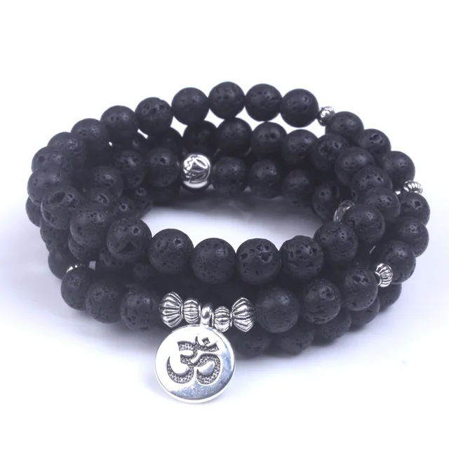 Bracelet Ajustable En Pierre De Lave Naturelle - Perles Noires, Corde Réglable