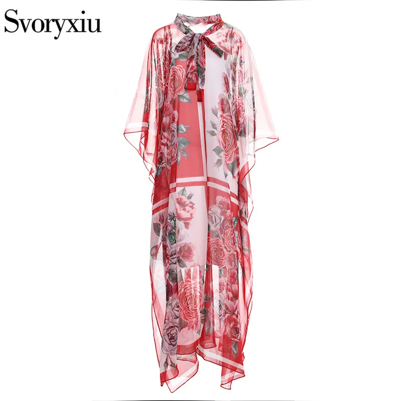Женское длинное платье Svoryxiu, красно-белое платье макси с рукавами «летучая мышь» и принтом в виде цветков розы на лето - Цвет: Многоцветный