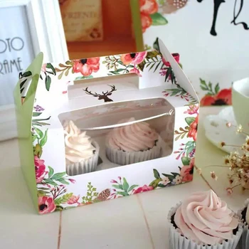 

12pcs Flower printing Paper Two/Four Cupcake Boxes Cake Boxes With Handle Cake Packing With Insert For Party