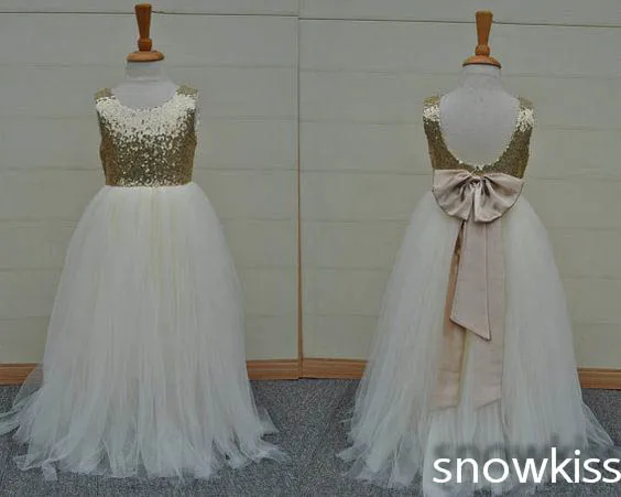 

Golden sequins with ivory tulle party frocks beach wedding flower girl dresses backless prom pageant dresses for little kid