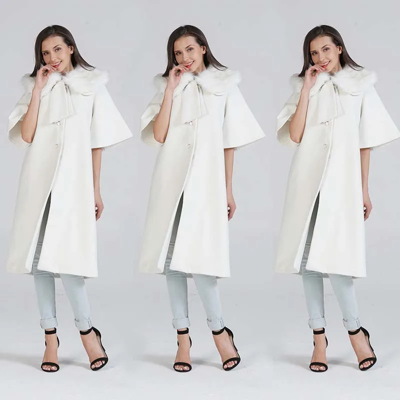 

New Autumn Winter Korean Style Vintage Office Lady Women Overcoats Girls Elegant Cape Plain Winter White Female Fur Collar Coats