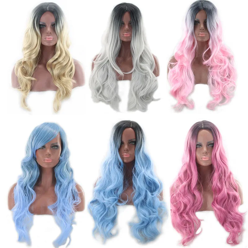 

High Quality Two Tone Black Roots Long Wavy Black Grey Ombre Wig Synthetic Hair Natural Blue Pink Blonde Cosplay Wigs For Women