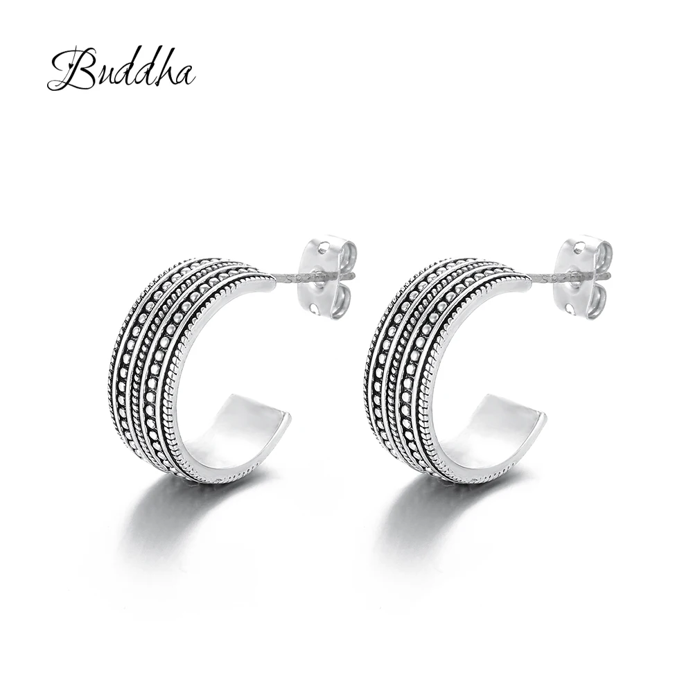 

2018 Fashion 925 Silver Punk Simple C Bar Buddha Earrings for Women Ear Stud Earrings Fine Jewelry Geometry Brincos Bijoux